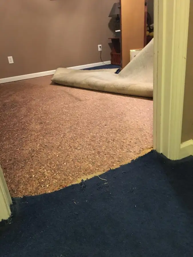 Carpet pad removal revealing water damage during Water Mitigation Services in Verde Village
